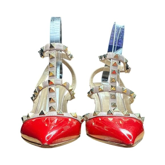 VALENTINO GARAVANI Rockstud Caged Pump EU 38 US 8 Red Patent Pointed High Heel - Picture 11 of 14